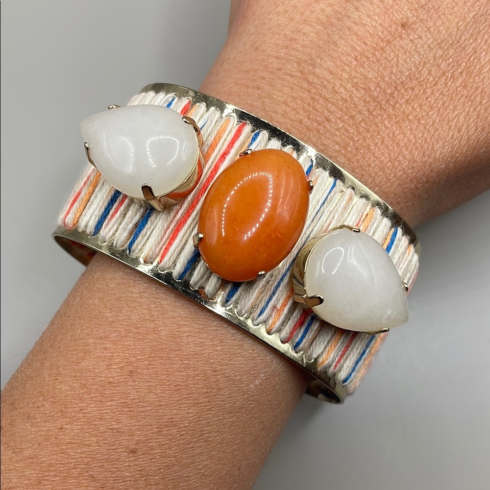 Vintage Gold Tone Orange White Large Beaded Bangle Cuff Statement Bracelet